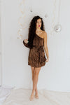 "Sparkling Wishes" One-Shoulder Shimmer Dress - Brown