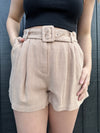 "A Pocket For You" Pleated Belt Shorts - Tan