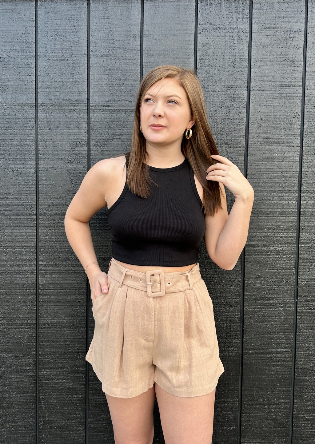 "A Pocket For You" Pleated Belt Shorts - Tan