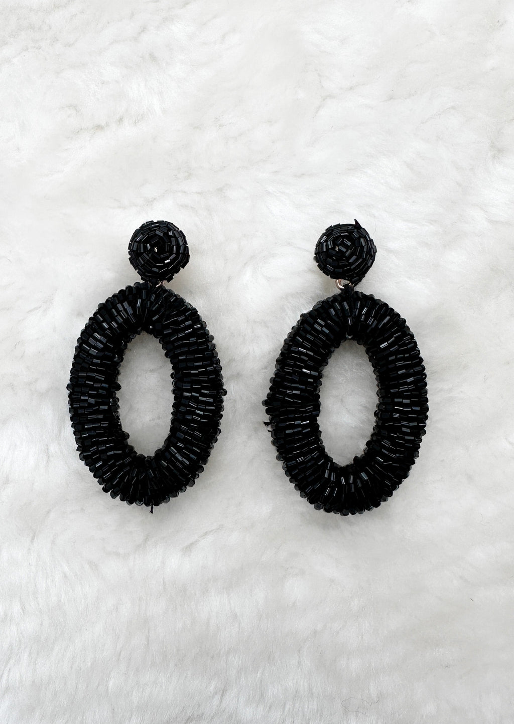 Beaded Oval Statement Earrings - Black