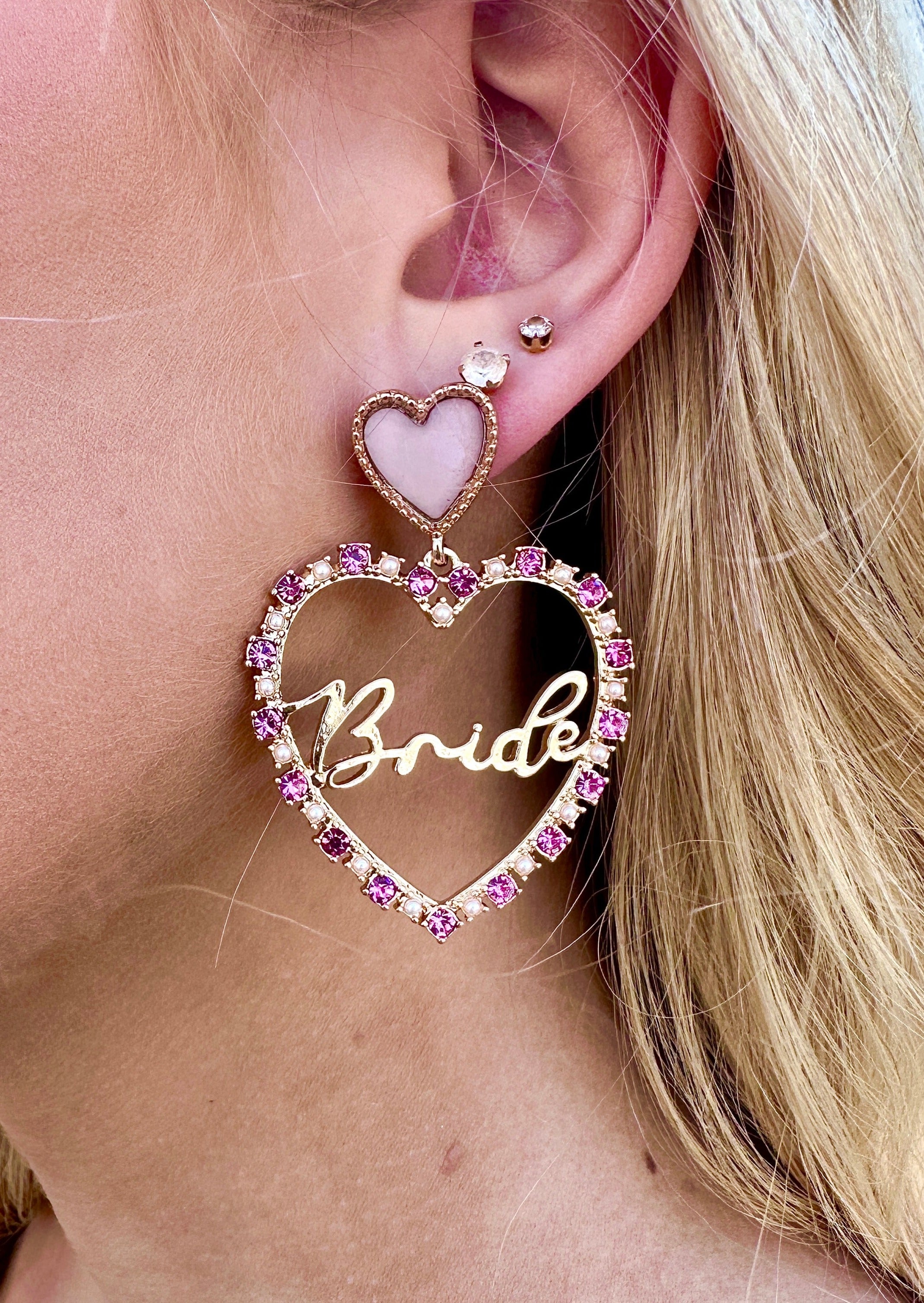 Bride Rhinestone Heart Statement Earrings - Pink – Adorabelles