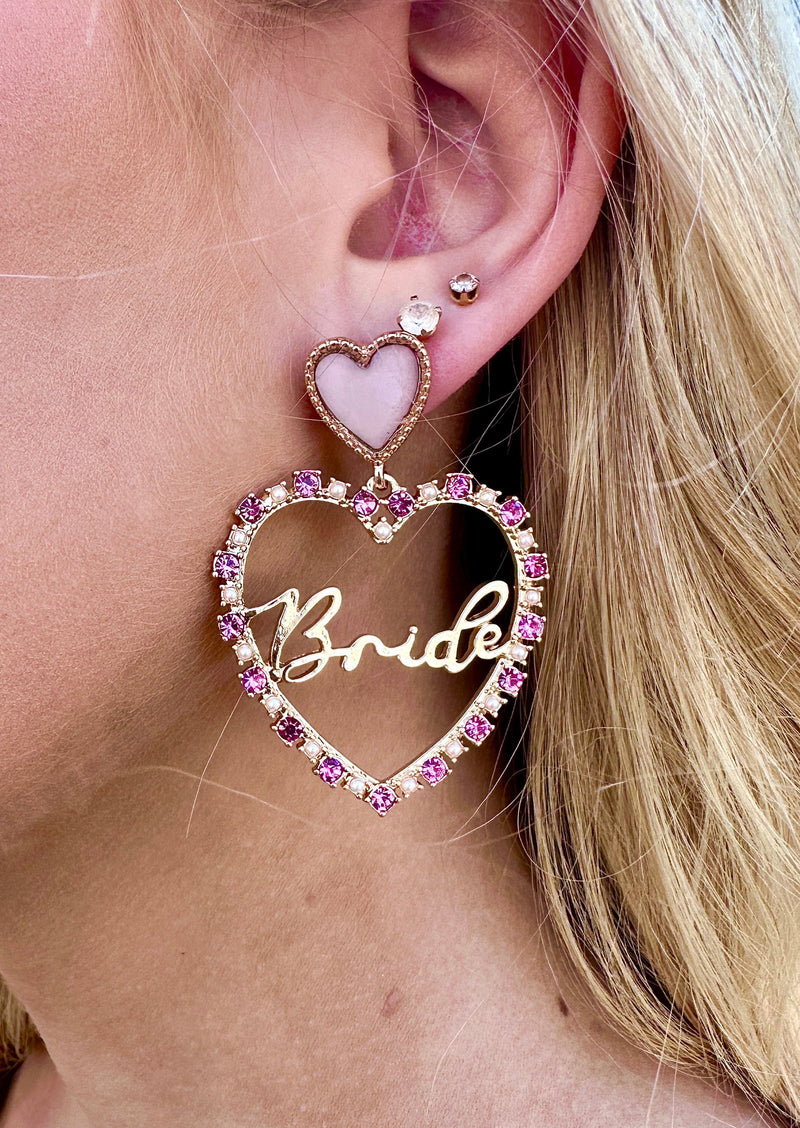 "Bride" Rhinestone Heart Statement Earrings - Pink