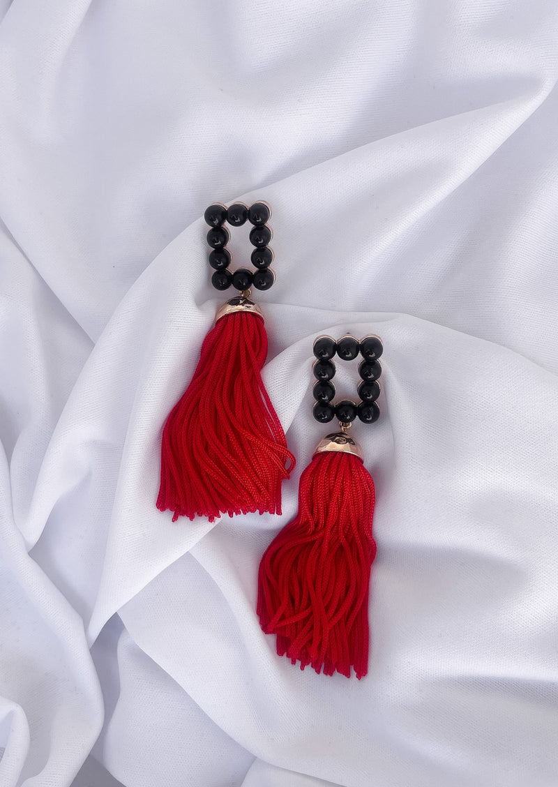 CCB Rectangle Tassel Earrings - Red