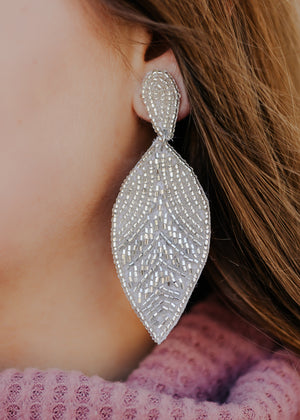 Beaded Leaf Statement Earrings - Silver