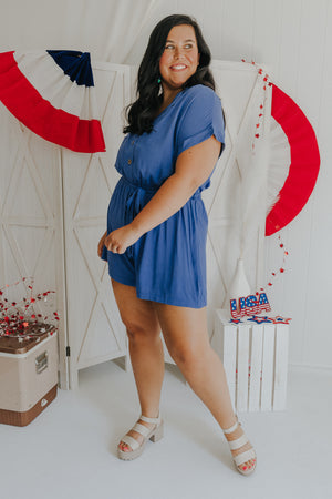 "Just A Crush" Blue Button Up Romper - XL+- 2 Colors