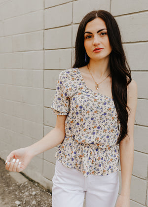 "Gently Blooming" Cream Floral One-Shoulder Top