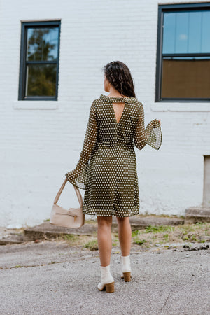 "Sentimental Feelings" Polka Dot Ruffle Dress - Sage