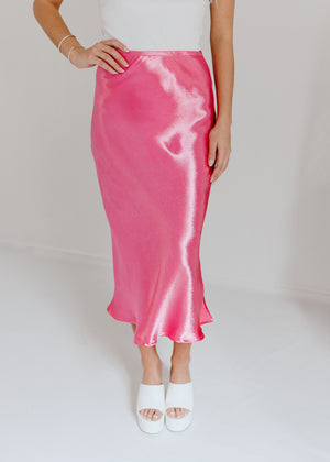 "Across The Room" Satin Midi Skirt - Rose Pink