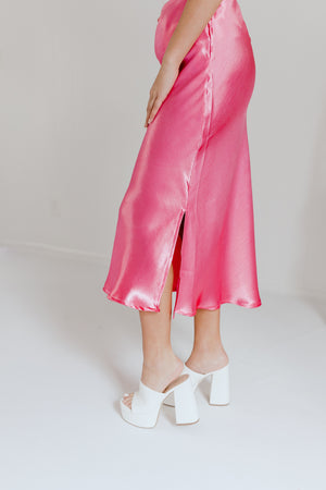 "Across The Room" Satin Midi Skirt - Rose Pink