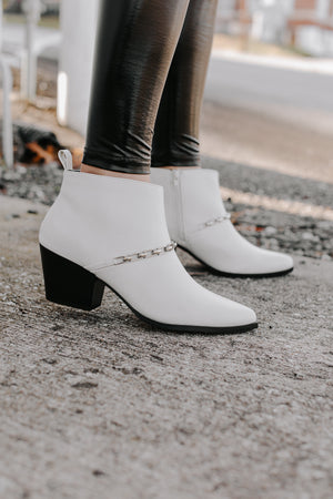 "My Own Steps" Leather Chain Booties - White