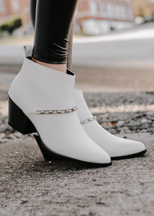 "My Own Steps" Leather Chain Booties - White