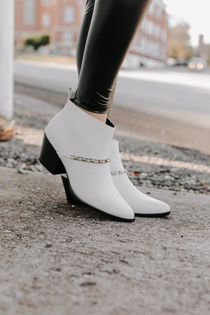 "My Own Steps" Leather Chain Booties - White
