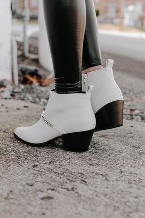 "My Own Steps" Leather Chain Booties - White