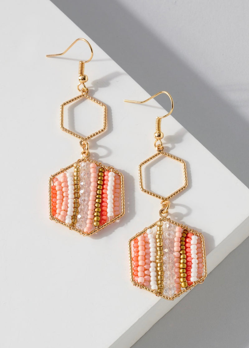 Hexagon Beaded Dangle Earrings - Peach