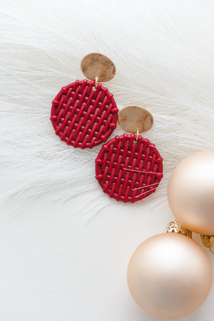 Woven Circle Dangle Earrings - Red