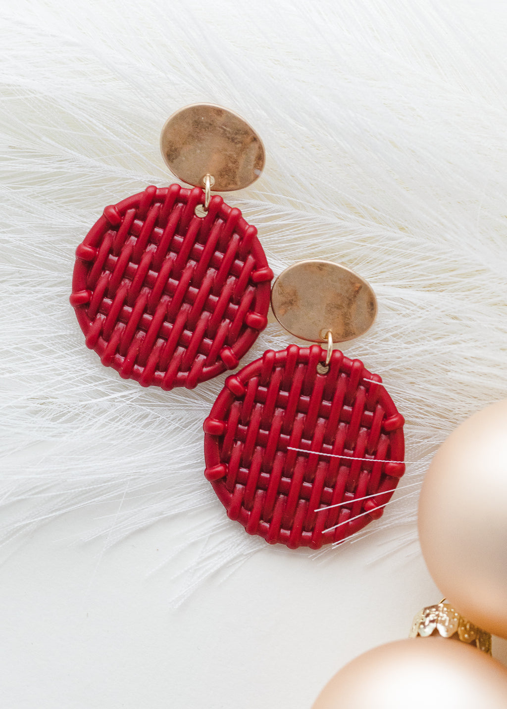Woven Circle Dangle Earrings - Red