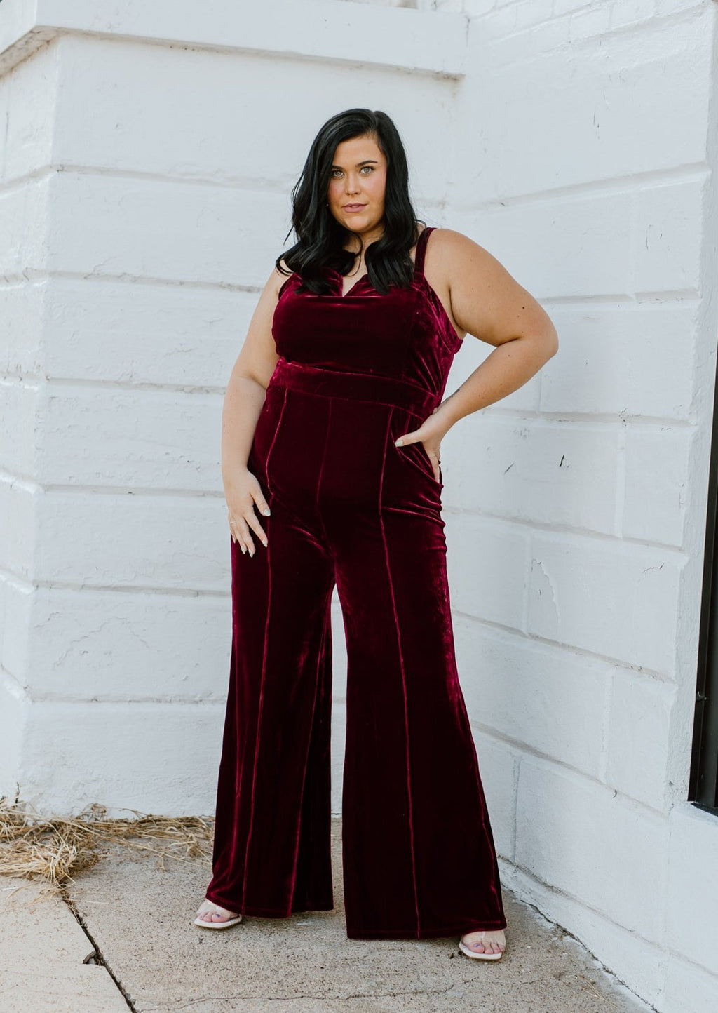 "Crisp Night" Red Velvet Jumpsuit - XL+