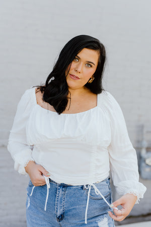"She’s A Keeper" White Cinch Mocked Top - XL+