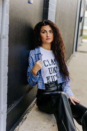 "The Headey" Cropped Plaid Flannel Button-Up - Lt. Blue