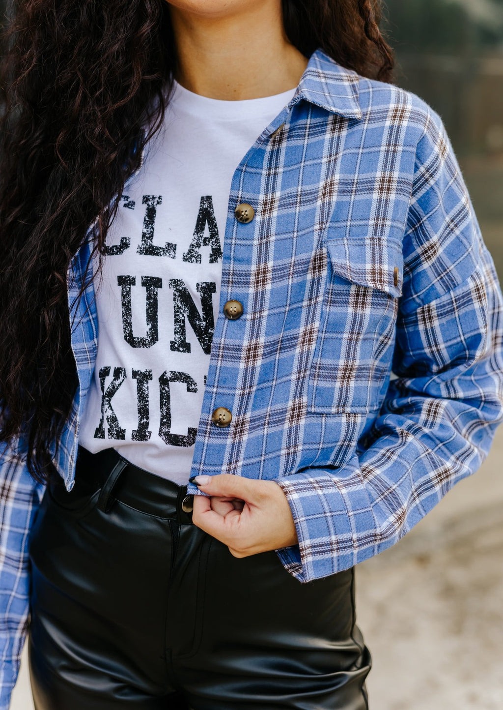 "The Headey" Cropped Plaid Flannel Button-Up - Lt. Blue