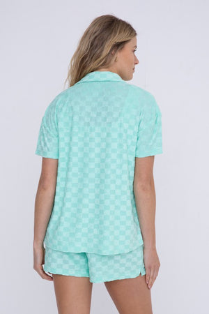 "Self Care" Checkered Button-Up Set - Mint